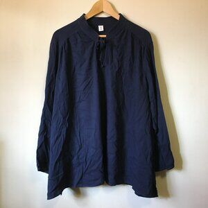Dark Navy Blue Banded Tie Up Collar Bohemian Tunic Shirt